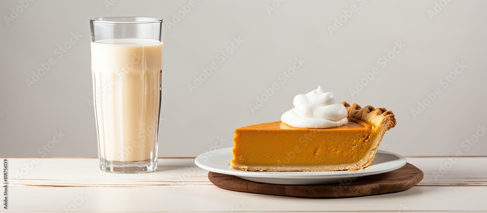 Poster copy space image of a delectable pumpkin pie with a side of milk showcased on a light background pro