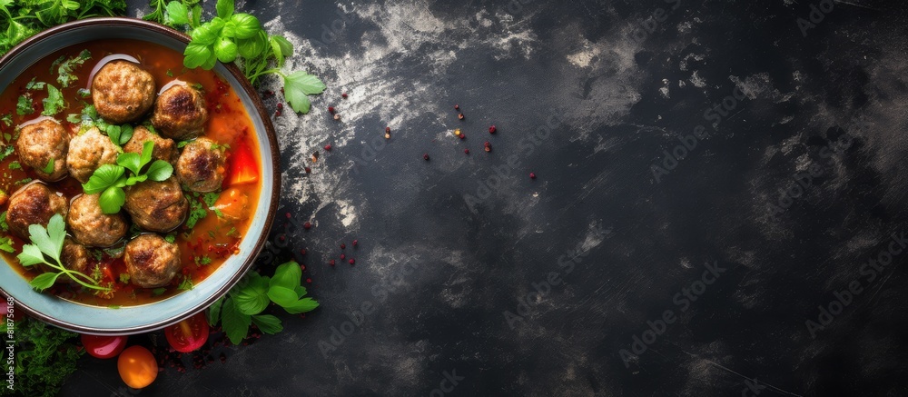 Aufkleber A top view of a bowl of soup containing meatballs and vegetables on a concrete background with copy space for additional images or text