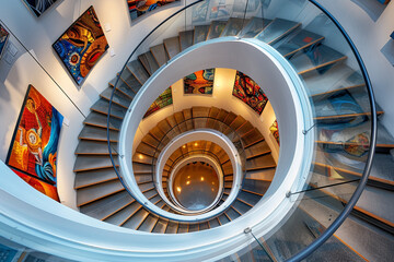 Each step of a spiral staircase in a contemporary art museum displays a distinct artwork. - Powered by Adobe