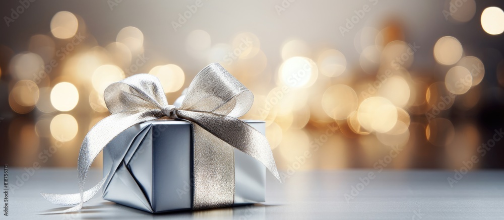 Aufkleber A shiny and silver Christmas decoration with a gift box on a shiny background creates a visually striking copy space image