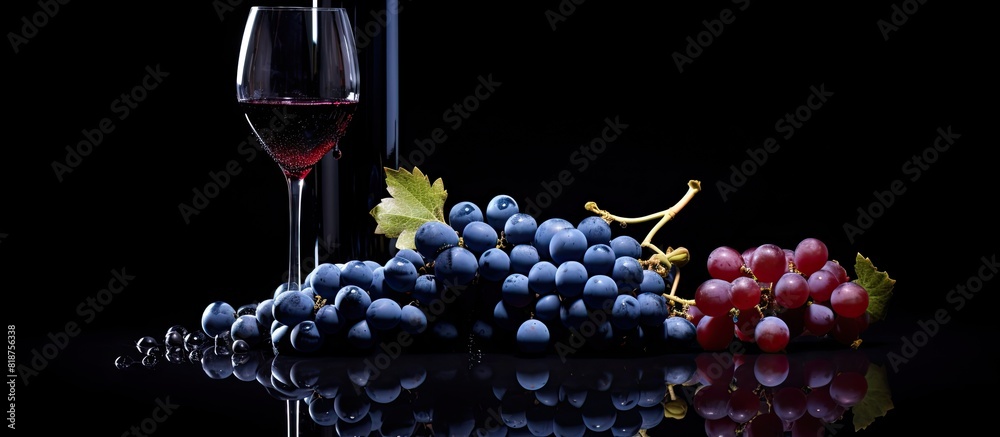 Poster a bottle of red wine and blue grapes placed on a black reflective background providing a copy space 