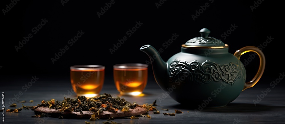 Aufkleber copy space image of a tea composition featuring a teapot set against a dark background