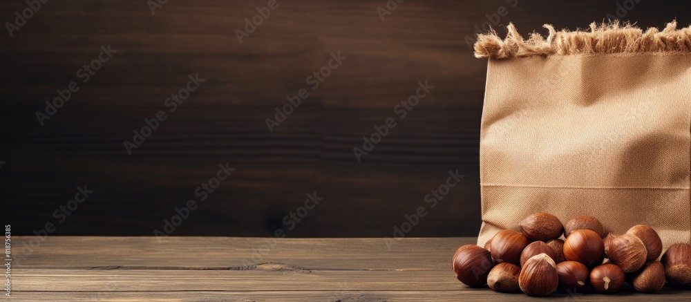 Poster A wooden table holding a paper bag filled with fresh sweet chestnuts A copy space image is available for adding text
