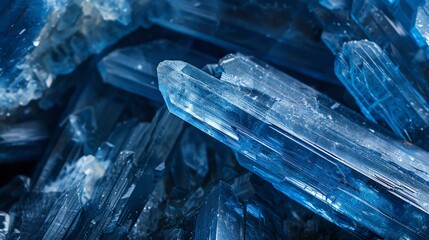 Blue rough crystals. Shiny natural mineral texture. Macro photo of blue crystal surface.