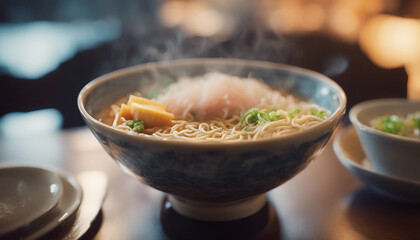 A steaming bowl of ramen in a restaurant

