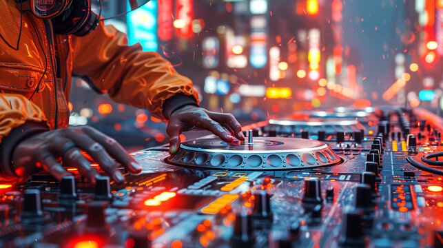 A close-up of DJ console with DJ's hands spinning records and mixing music at vibrant neon lights backdrop.