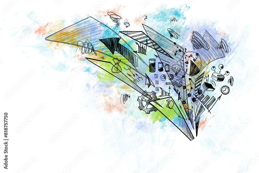 Poster a sketch-inspired artwork with various abstract elements on a textured, colorful background, portray