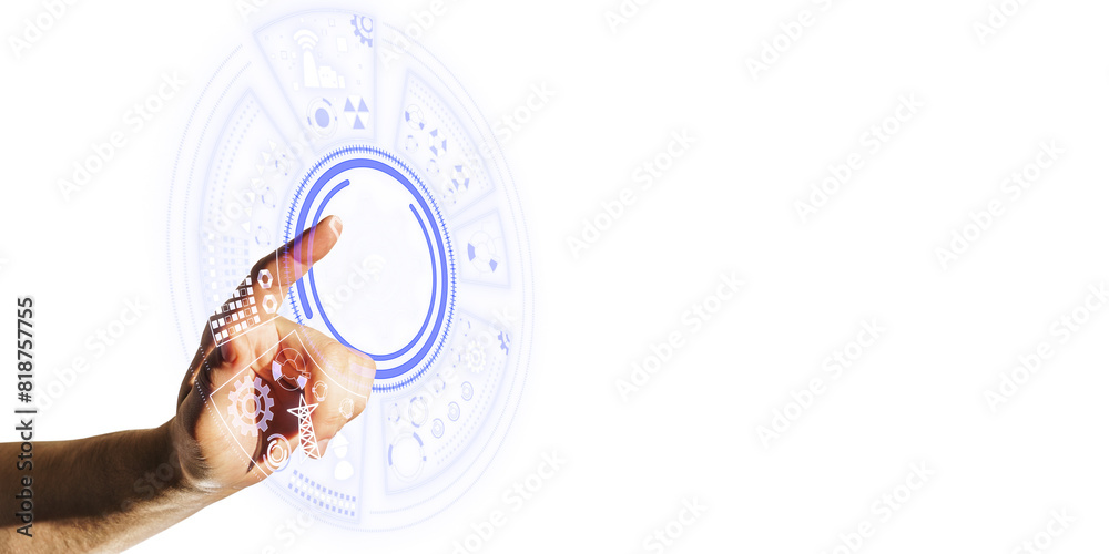 Aufkleber hand interacting with futuristic interface elements on a white background, symbolizing high technolo