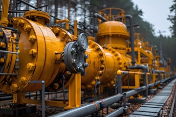 Industrial Gas Plant with Yellow Equipment and Pipelines in a Forest Setting