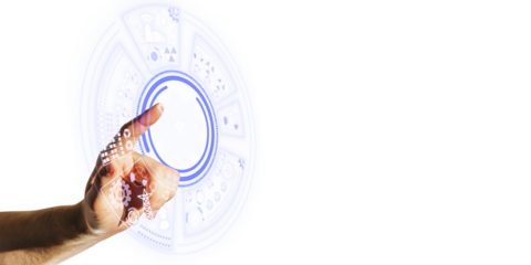 Hand interacting with futuristic interface elements on a white background, symbolizing high technology and innovation