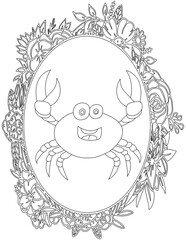 Fototapeta premium Crab in A Floral Frame Coloring Page. Printable Coloring Worksheet for Kids. Educational Resources for School and Preschool.