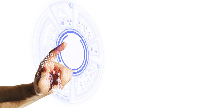 Hand interacting with futuristic interface elements on a white background, symbolizing high technology and innovation