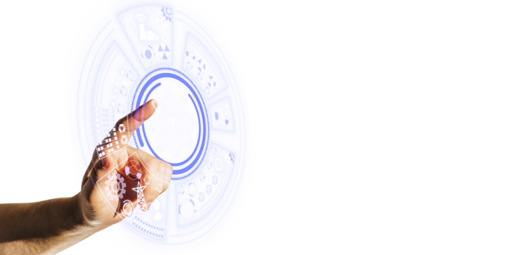 Hand interacting with futuristic interface elements on a white background, symbolizing high technology and innovation