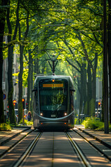 Front view of a fully electric and sustainable tram, ecology and green energy concept, renewable energy concept eco