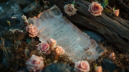 flash flowers, pink roses, wood, rock, romantic