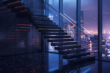 Elevated view of a jet black floating staircase in a penthouse, overlooking a city lit by night.