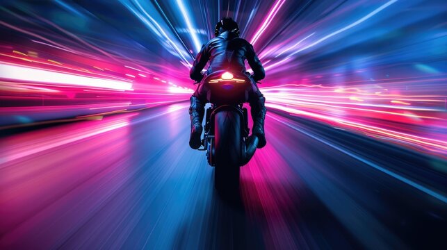 Back view of professional smart motorbike driver wearing helmet while driving in high speed surrounded with neon light at futuristic cityscape and skyscraper at night time. Blurring background. AIG42.