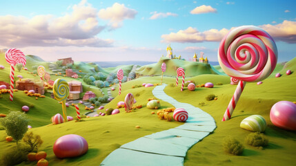 A cartoonish landscape with a path leading to a candy castle. The path is lined with candy and there are many lollipops scattered throughout the scene. Scene is whimsical and playful