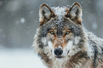 Fototapeta premium Close-up of a wolf with snow on its fur in a winter landscape. High-resolution photography. Wildlife and nature conservation concept. Design for poster and print. Front view