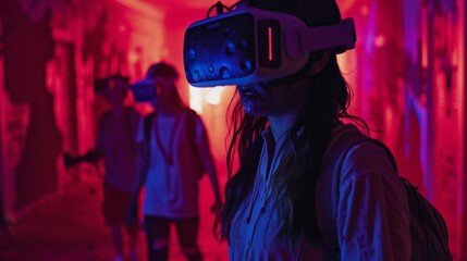 Virtual reality horror fest, attendees wearing VR headsets, immersive scares