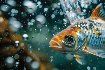 Close-up of a goldfish underwater with air bubbles. High-resolution macro photography. Marine life and aquarium concept. Design for poster and print