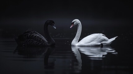  a beautiful black swan and a white swan floating