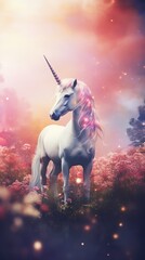 Enchanting unicorn with glowing mane stands amidst a magical, dreamy landscape filled with vibrant flowers and sparkles.