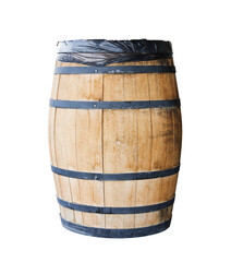 A wooden barrel with black metal bands, partially covered with black plastic, isolated on a white...