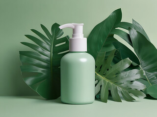A cosmetic pump bottle mockup sits against tropical leaves and empty wall. Beauty product display for advertising. Generative AI.