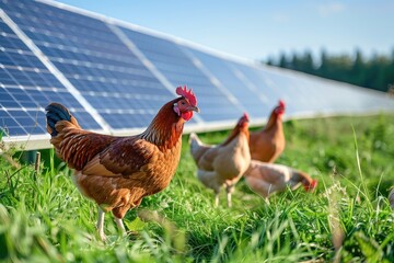 Chicken grazing near solar panels
