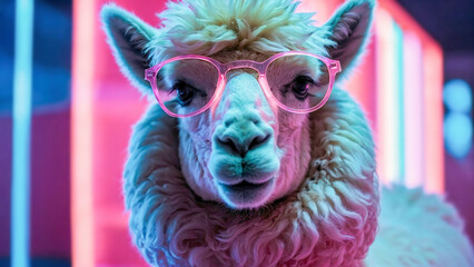 a group pink fluffy llama alpaca smile wearing sunglasses with party disco bar background