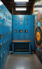 Blue metal storage lockers with an accompanying wooden bench are situated in a locker area, with various doors in different states of open or closed.