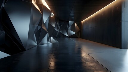 Captivating Dark Geometric Space with Sleek 3D Wall Design and Dramatic Lighting