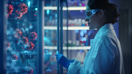 A microbiologist. A female researcher in a lab coat and goggles is looking at a computer screen...