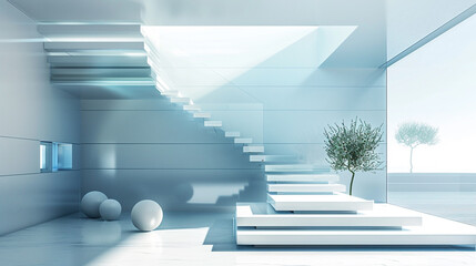 Minimalist home featuring a powder blue cantilever staircase, simple decor.