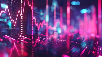Fototapeta premium Glowing Digital Data Visualization of Financial Market Trends and Investment Indicators in Futuristic Cityscape