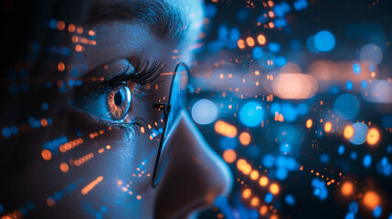Fototapeta na wymiar Close-up eye and a futuristic data screen panel on a dark blue background.