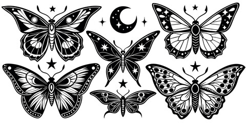 set of mystical magic butterflies, celestial moon