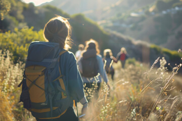 A group of people are hiking in the wilderness, with one person wearing a backpack. Scene is adventurous and outdoorsy