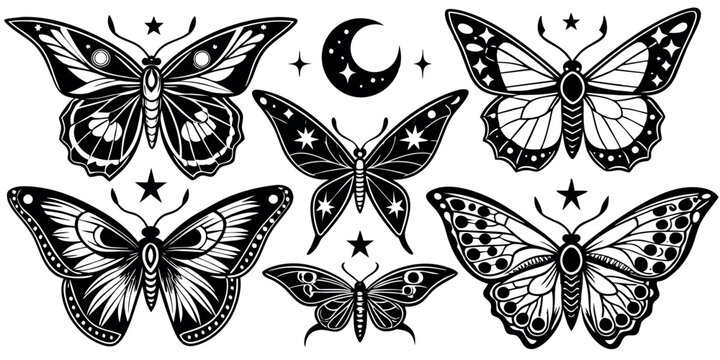 set of mystical magic butterflies, celestial moon