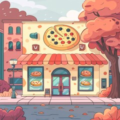 a pizza shop with a pizza on the front