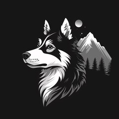 a wolf head with mountains in the background