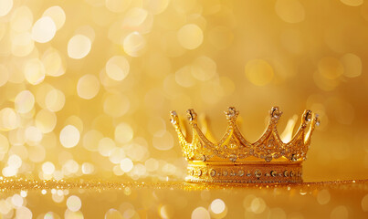 The unique gold crown, shimmering on a shiny background, attracts attention with its elegance and majesty.