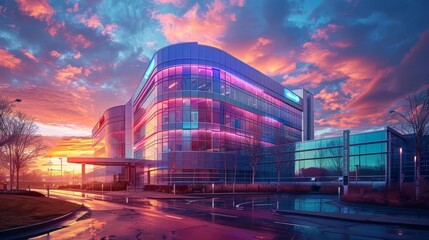 Fototapeta premium Sunrise Over a Lab Building A photorealistic image of a sunrise casting light on a modern lab building, representing a new era in healthcare