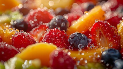 A close-up of a colorful fruit salad plate with fresh strawberries and other berries