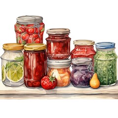 A selection of artisanal jams in glass jars, placed on a clean white background, showcasing their vibrant colors and providing ample copy space