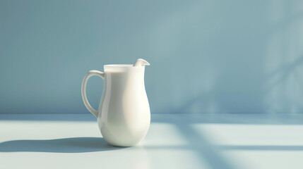 A simple image of a white ceramic jug filled with milk, sitting on a blue table against a blue background.