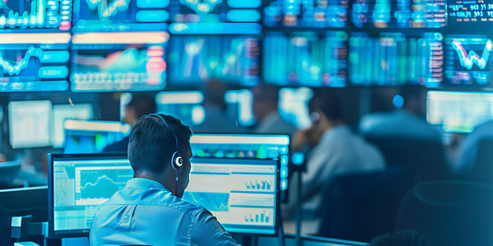 montage of people having fun at the airport, a description of a bustling trading floor captured in a stock image, with multiple screens displaying finance graphs illustrating dynamic market movements