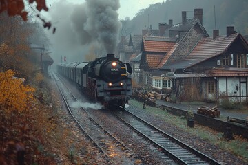 Fototapeta premium A vintage locomotive's whistle echoing through a quaint town as it approaches a station, drawing excited onlookers