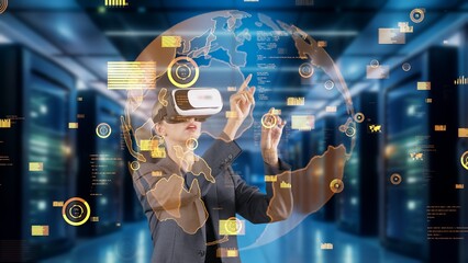 Woman selecting point world market data rotating graph analysis monitor by VR future global...